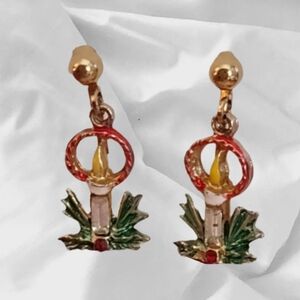 Candlestick on Pine Needles w/ Red Rhinestone Clip-on Earrings